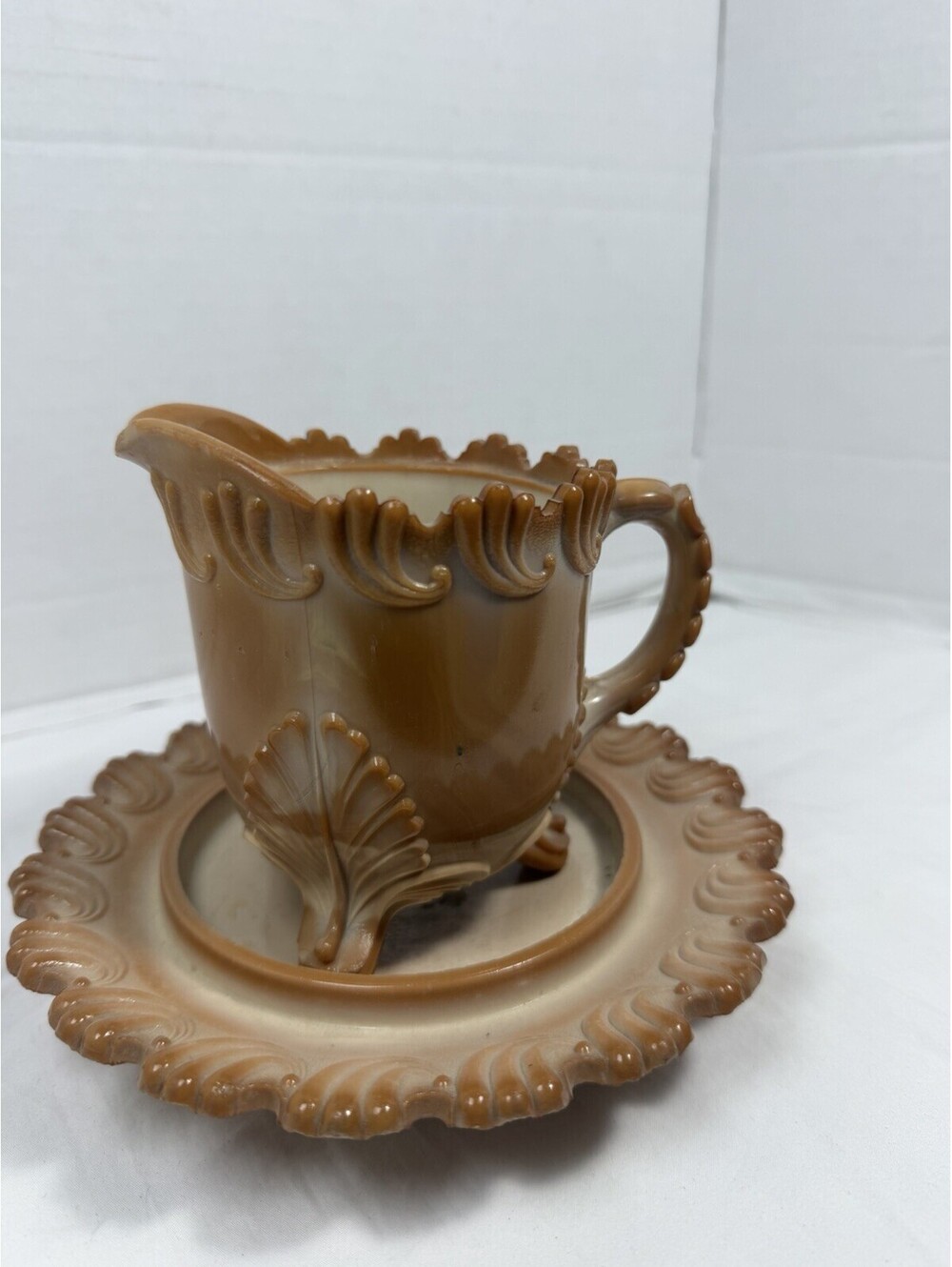 Antique Greentown Chocolate Slag Glass Bracket Creamer & Saucer Set
